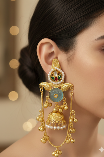 Gold plated kashmiri kundan pearl jhumka earrings with mint stone & chain