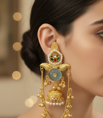 Gold plated kashmiri kundan pearl jhumka earrings with mint stone & chain