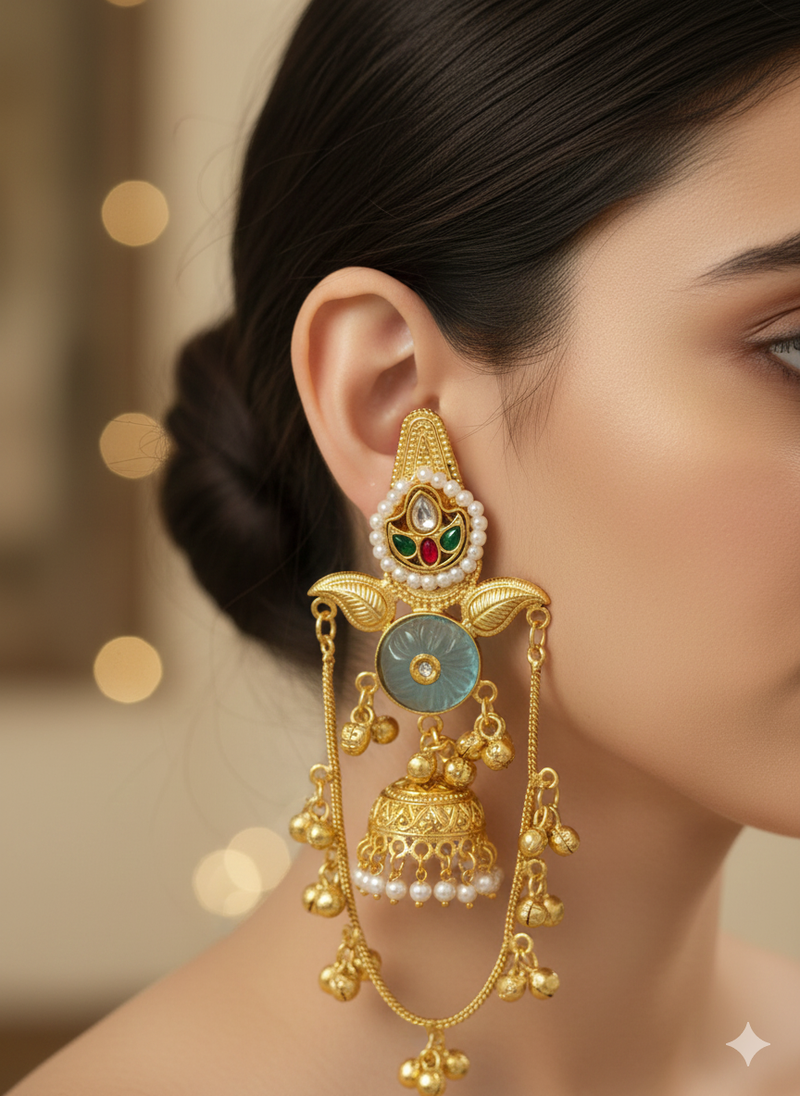 Gold plated kashmiri kundan pearl jhumka earrings with mint stone & chain