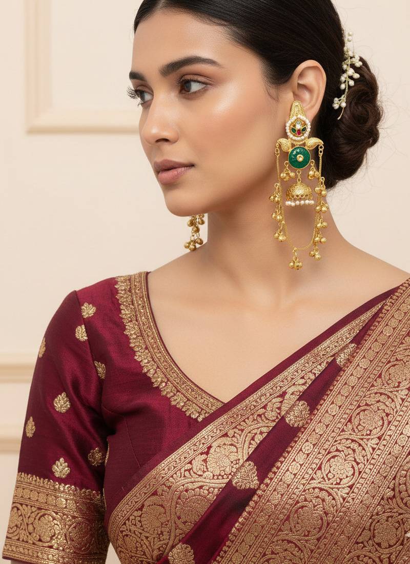 Gold plated kashmiri kundan pearl jhumka earrings with green stone & chain