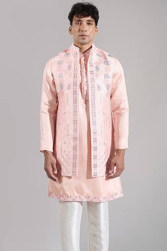 Pink embroidered crepe nehru jacket set