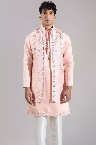 Pink embroidered crepe nehru jacket set