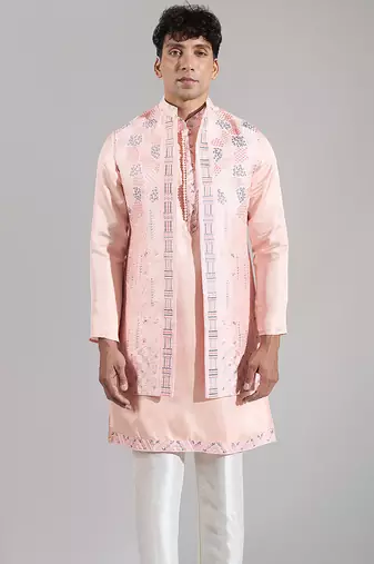 Pink embroidered crepe nehru jacket set