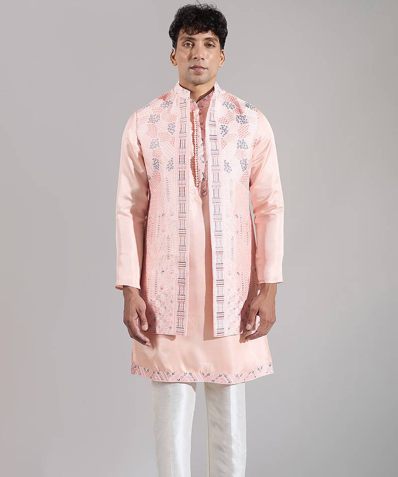 Pink embroidered crepe nehru jacket set