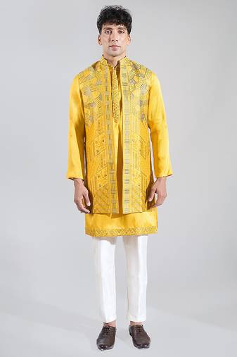 Yellow embroidered crepe nehru jacket set