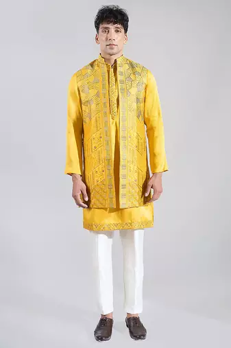 Yellow embroidered crepe nehru jacket set