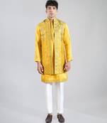 Yellow embroidered crepe nehru jacket set