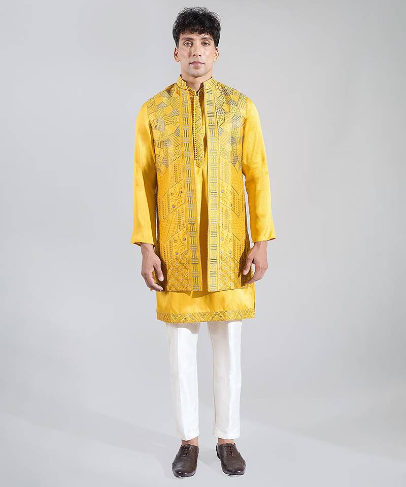 Yellow embroidered crepe nehru jacket set