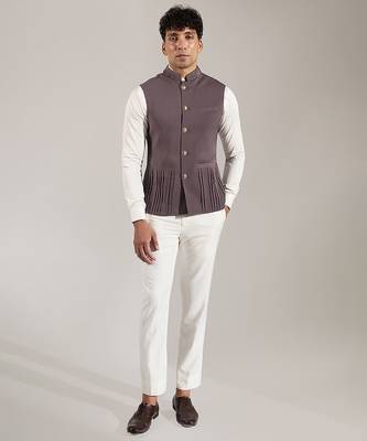 Grey plain velvet nehru jacket 1