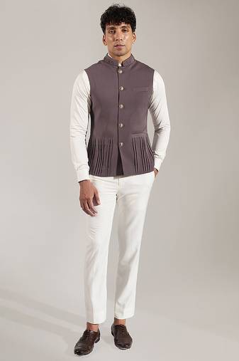 Grey plain velvet nehru jacket