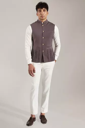 Grey plain velvet nehru jacket