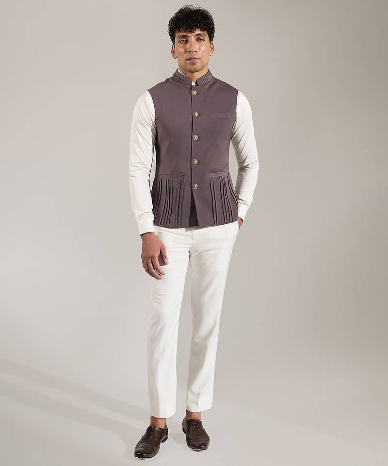 Grey plain velvet nehru jacket