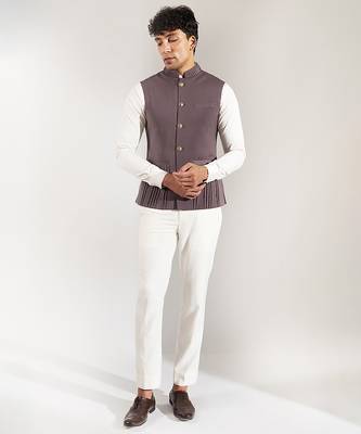 Grey plain velvet nehru jacket 2