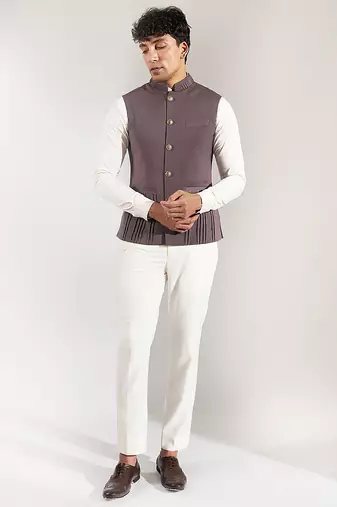 Grey plain velvet nehru jacket
