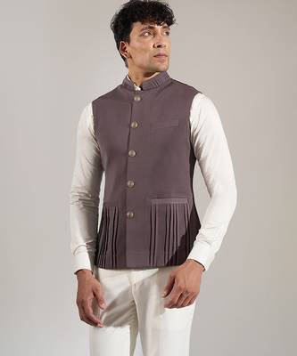 Grey plain velvet nehru jacket 3