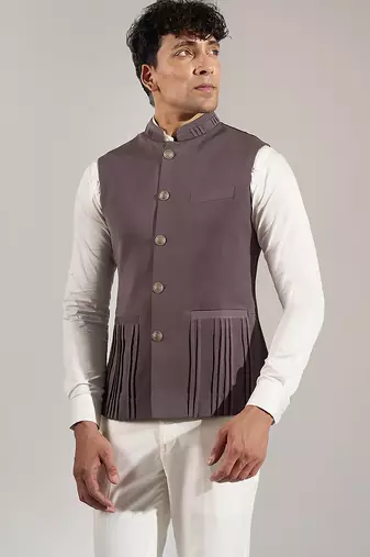 Grey plain velvet nehru jacket