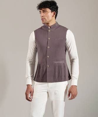 Grey plain velvet nehru jacket 5