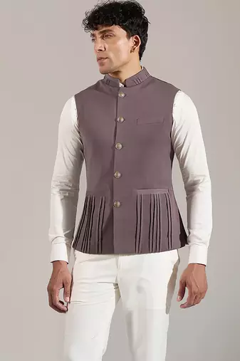 Grey plain velvet nehru jacket