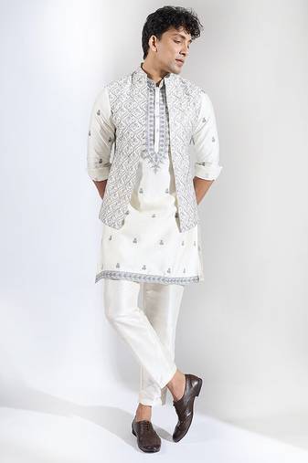 White embroidered raw silk nehru jacket set