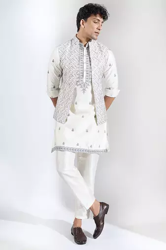 White embroidered raw silk nehru jacket set