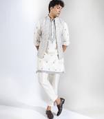 White embroidered raw silk nehru jacket set