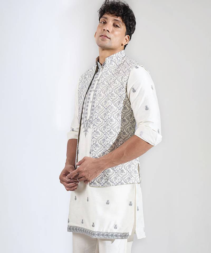 White embroidered raw silk nehru jacket set