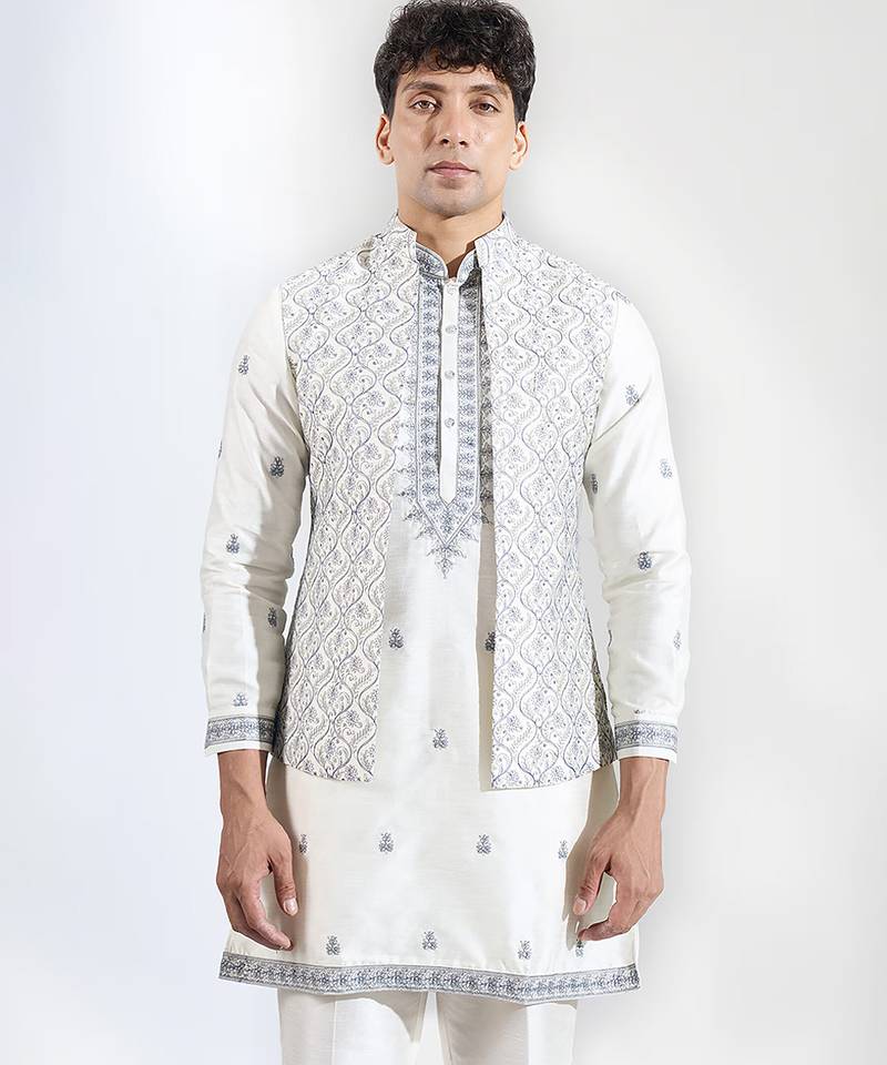 White embroidered raw silk nehru jacket set
