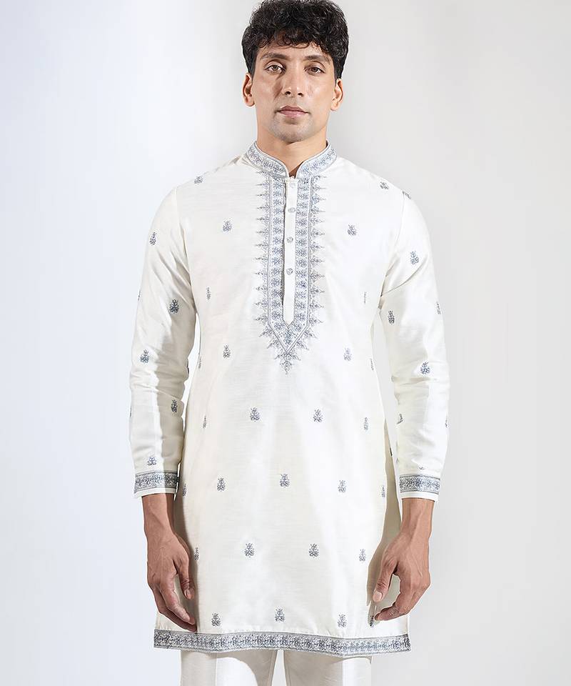 White embroidered raw silk nehru jacket set