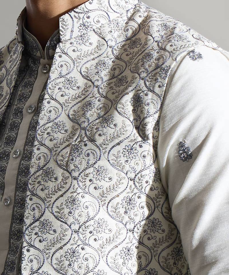 White embroidered raw silk nehru jacket set