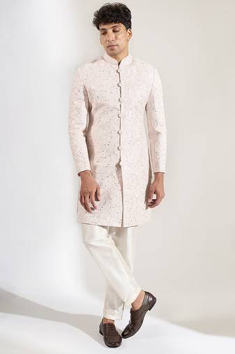 Pink embroidered raw silk Bandgala Set