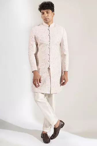 Pink embroidered raw silk Bandgala Set