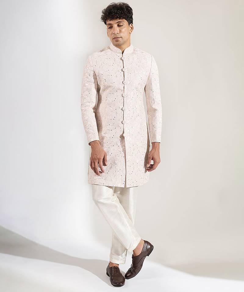 Pink embroidered raw silk Bandgala Set