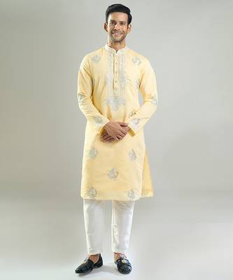 Yellow embroidered crepe kurta pajama 1
