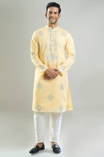 Yellow embroidered crepe kurta pajama