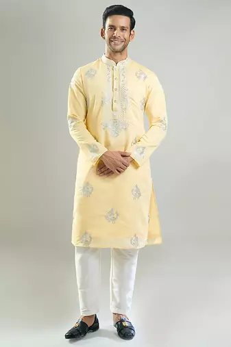 Yellow embroidered crepe kurta pajama