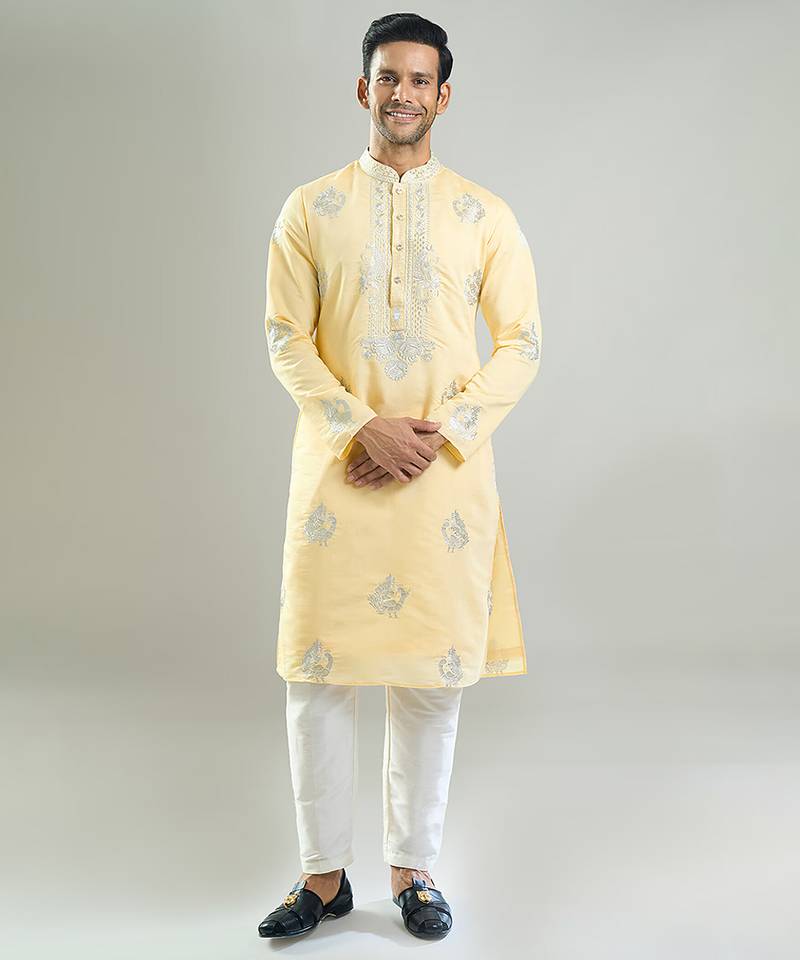 Yellow embroidered crepe kurta pajama