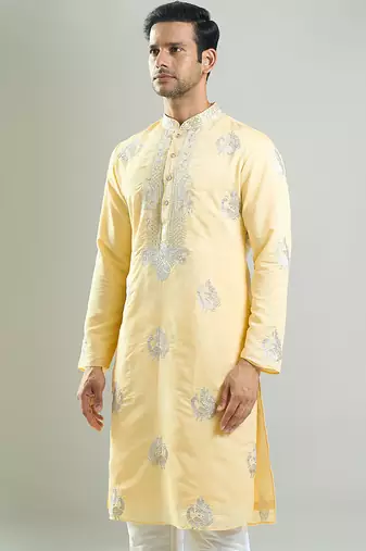 Yellow embroidered crepe kurta pajama