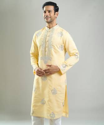 Yellow embroidered crepe kurta pajama 4