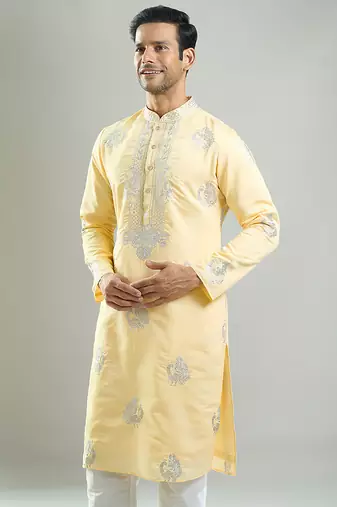 Yellow embroidered crepe kurta pajama
