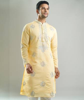 Yellow embroidered crepe kurta pajama 5