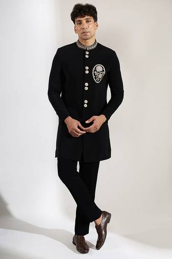 Black embroidered velvet Bandgala Set