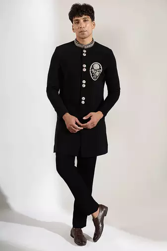 Black embroidered velvet Bandgala Set