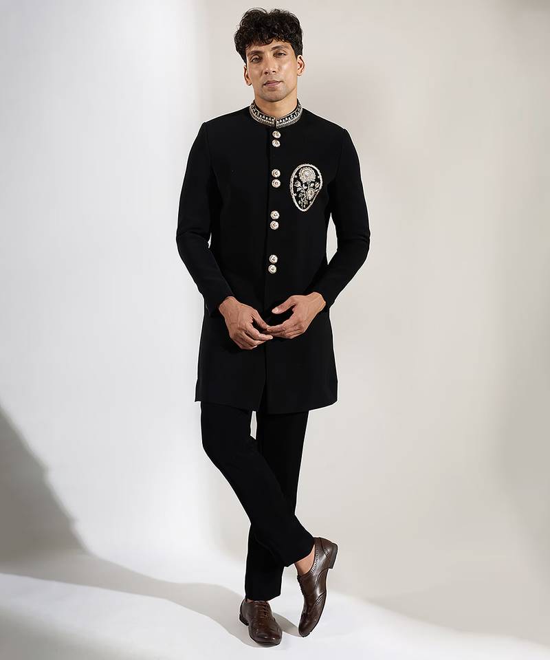 Black embroidered velvet Bandgala Set