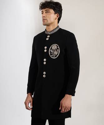 Black embroidered velvet Bandgala Set 2