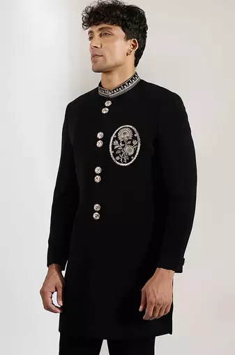 Black embroidered velvet Bandgala Set