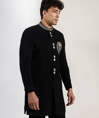 Black embroidered velvet Bandgala Set 3