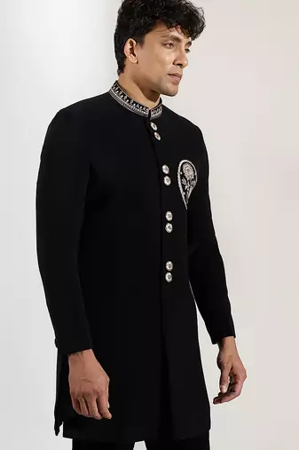 Black embroidered velvet Bandgala Set