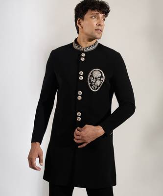 Black embroidered velvet Bandgala Set 4