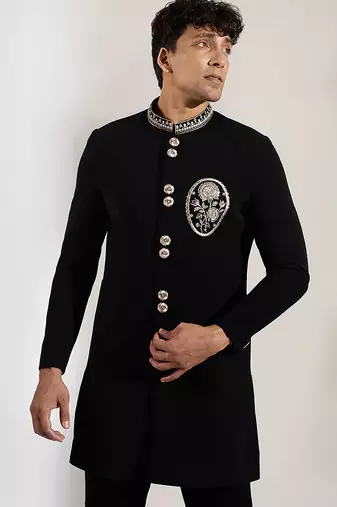 Black embroidered velvet Bandgala Set