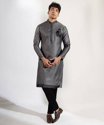Grey embroidered cotton silk kurta pajama 1